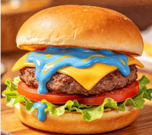 A burger with blue mustard sauce and traditional bread on Craiyon A burger with blue mustard sauce and traditional bread on Craiyon