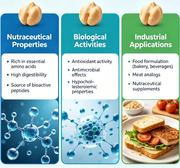 Full article: Nutraceutical properties, biological activities, and industrial applications of chickpea protein Full article: Nutraceutical properties, biological activities, and industrial applications of chickpea protein